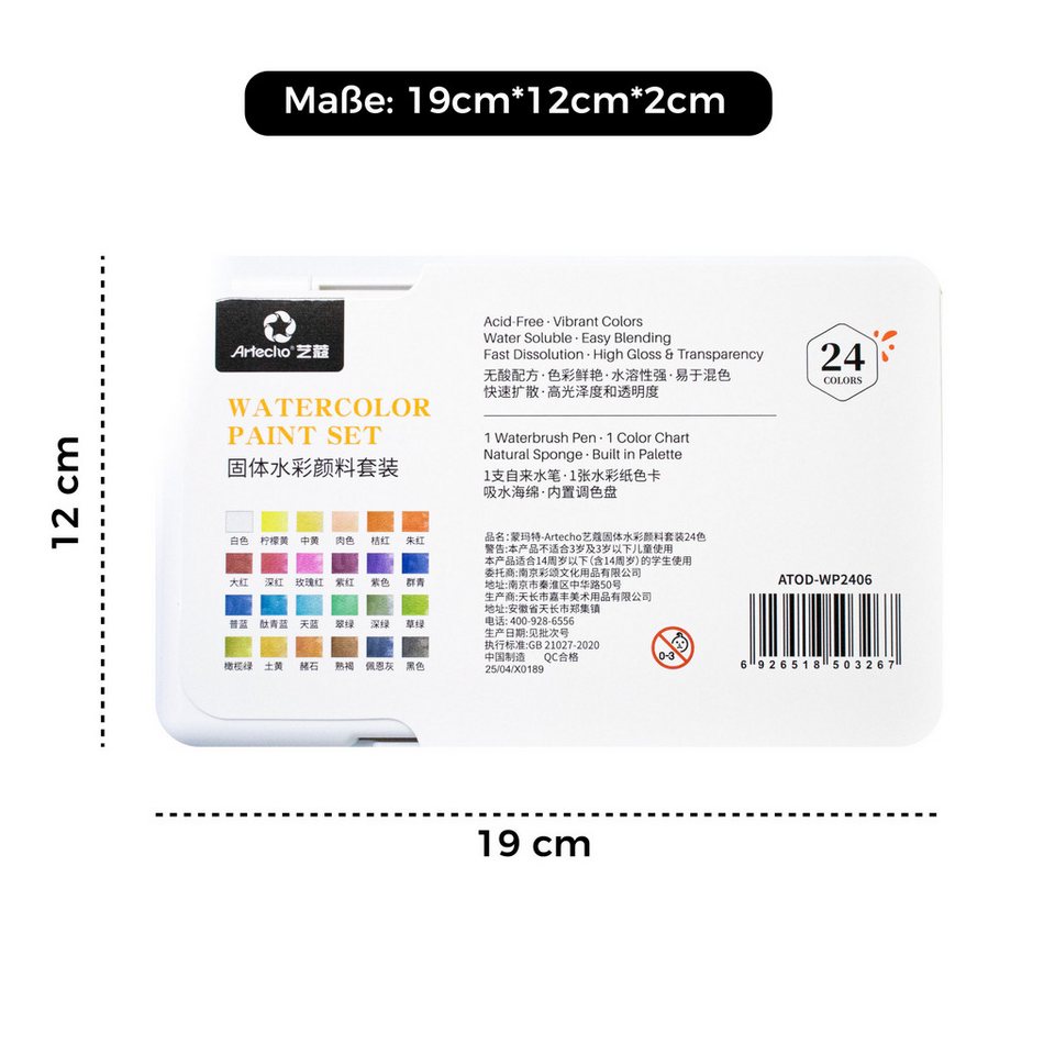Artecho Aquarellfarbe Set – 24 / 48 / 72 Wasserfarben mit Wassertankpinsel & Schwamm, Für Zuhause oder kreative Reisen geeignet – Bild 5 von 5
