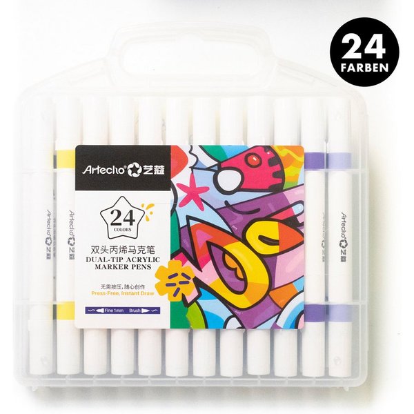 Artecho Marker Doppelspitze Acrylstifte Set– 24/48 Farben,mit Feiner & Breiter Spitze, Wasserfest, Acrylmarker für DIY, Glas, Stein, Holz & Leinwand