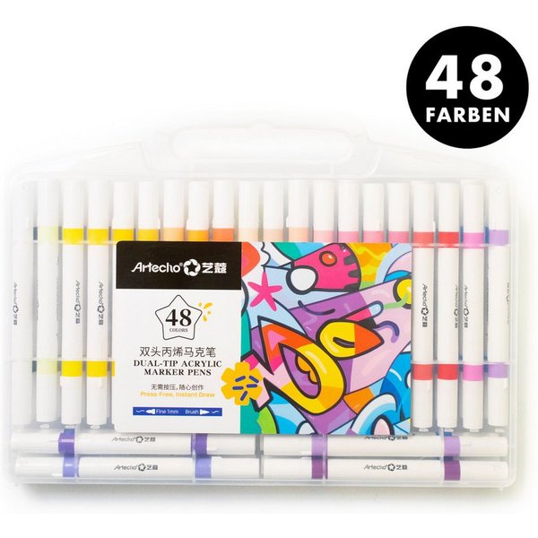 Artecho Marker Doppelspitze Acrylstifte Set– 24/48 Farben,mit Feiner & Breiter Spitze, Wasserfest, Acrylmarker für DIY, Glas, Stein, Holz & Leinwand