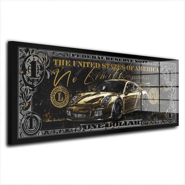 Artedinoi Acrylglasbild Porsche No Limits Acrylglasbild Wandbild Dollar Sportwagen Gold XXL, Goldener Sportwagen auf schwarz-silbernem Dollarschein