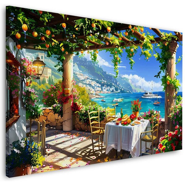 Artedinoi Leinwandbild Mediterrane Terrasse Meerblick Italien Wandbild Leinwandbild Kunstdruc, Mediterrane Terrasse mit Meerblick