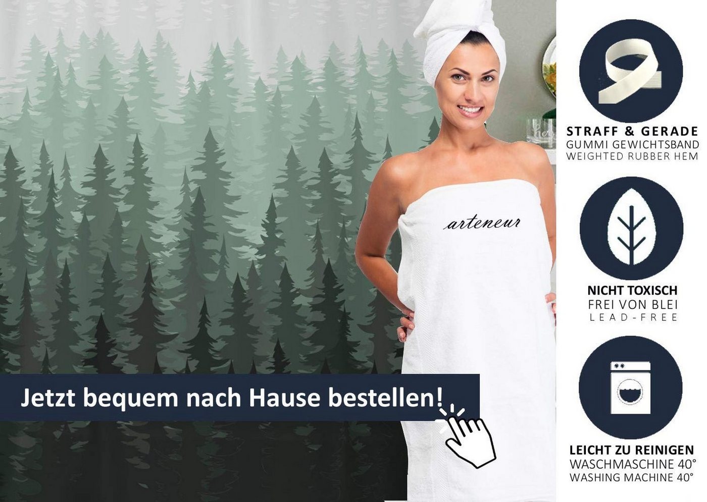 Arteneur Duschvorhang Breite 120 cm, Anti-Schimmel Beschichtet, Beschwerter Saum, Waschbar 40°C – Bild 5 von 5