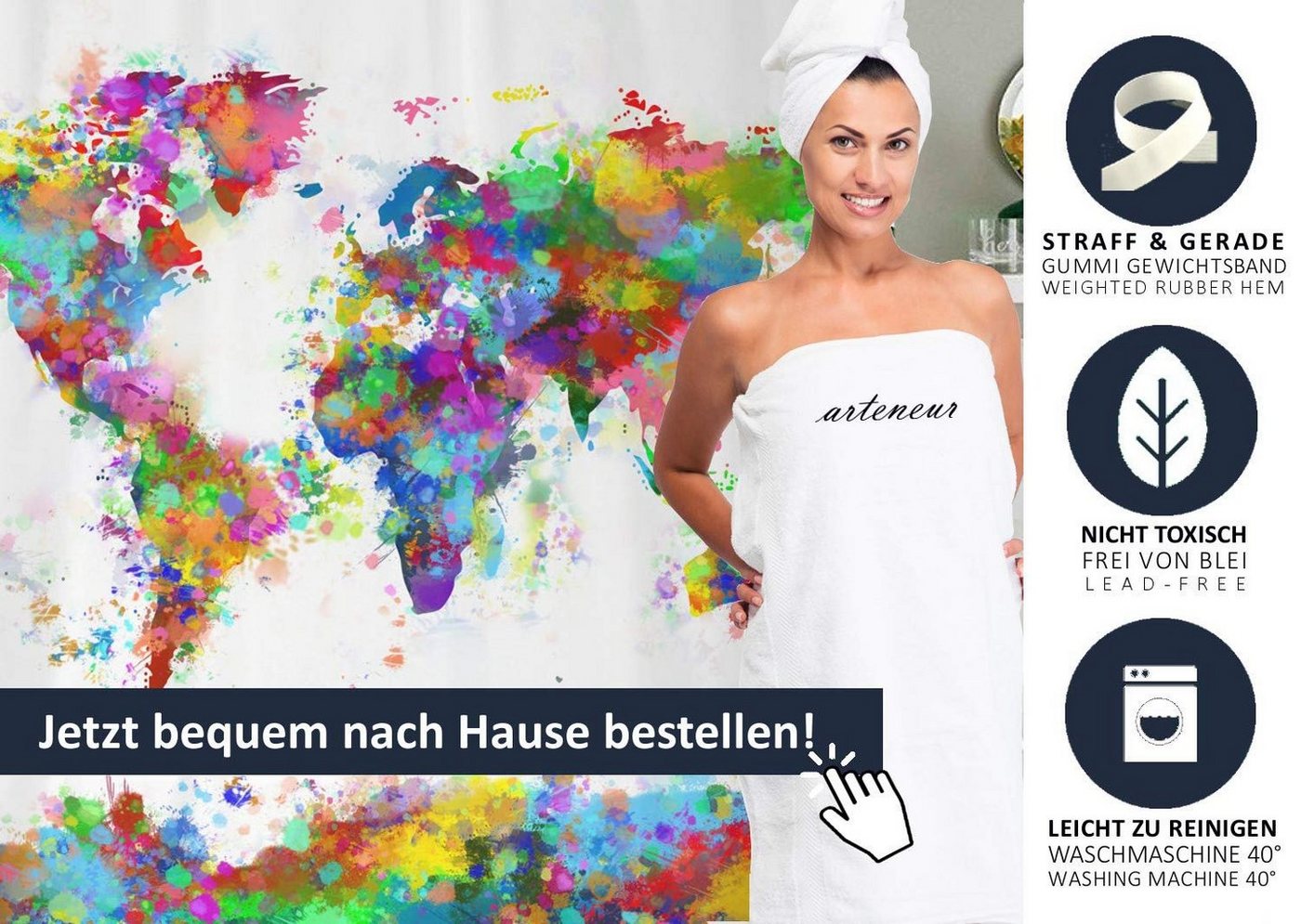 Arteneur Duschvorhang Breite 120 cm, Anti-Schimmel Beschichtet, Beschwerter Saum, Waschbar 40°C – Bild 5 von 5