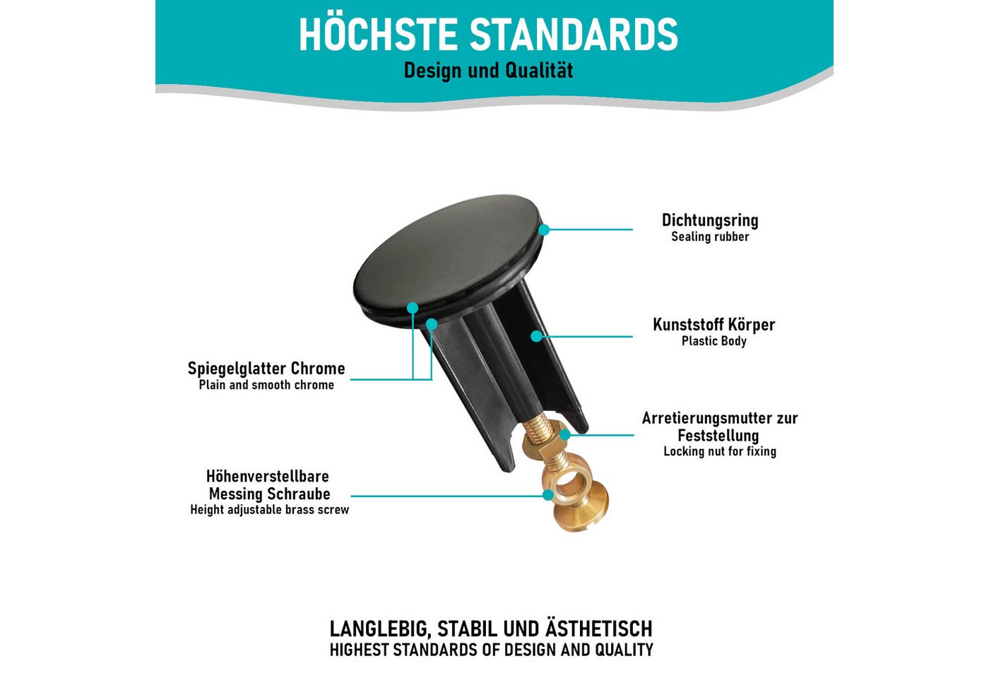 Arteneur Waschbeckenstöpsel, ⌀ 4 cm, 100% wasserdicht, extra schwerer Messingkern, hochwertig – Bild 2 von 5