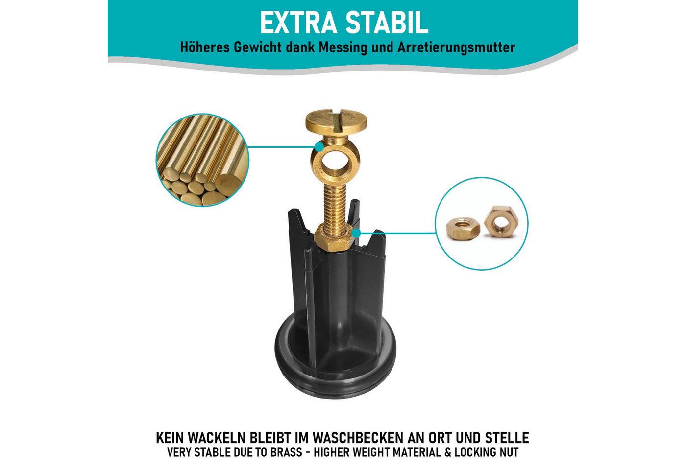Arteneur Waschbeckenstöpsel, ⌀ 4 cm, 100% wasserdicht, extra schwerer Messingkern, hochwertig – Bild 3 von 5
