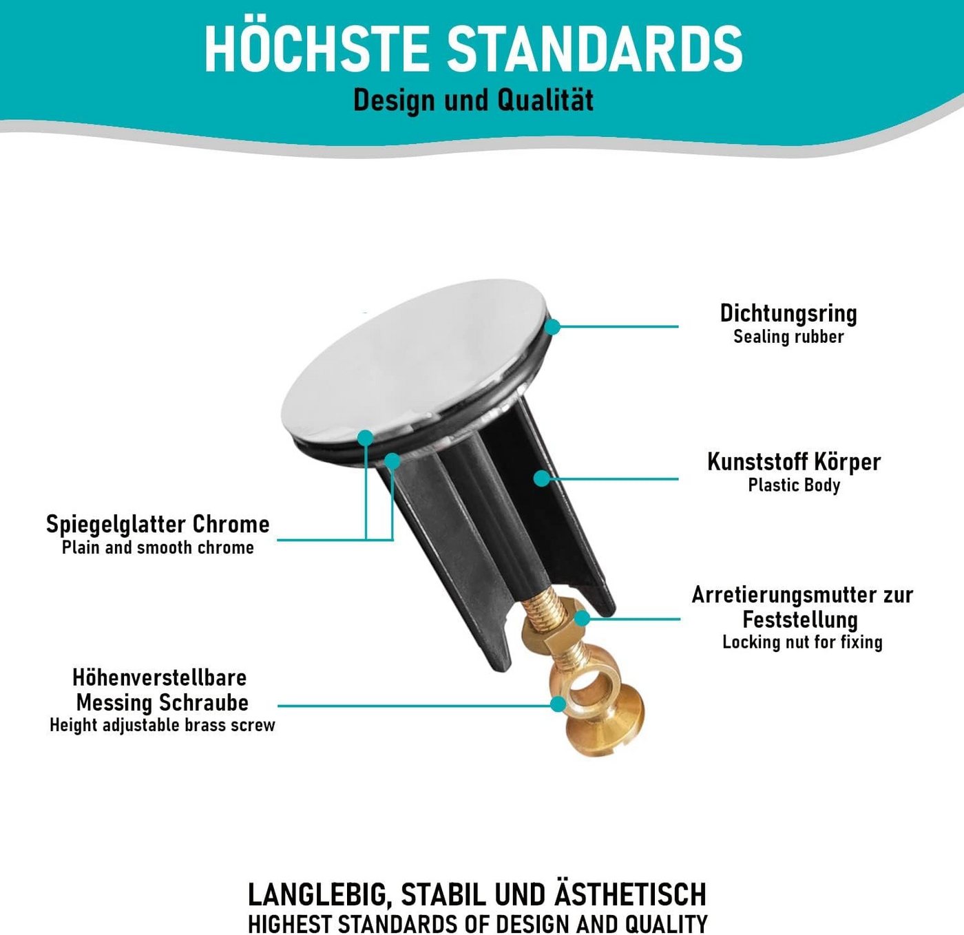 Arteneur Waschbeckenstöpsel, ⌀ 4 cm, 100% wasserdicht, extra schwerer Messingkern, hochwertig – Bild 2 von 5