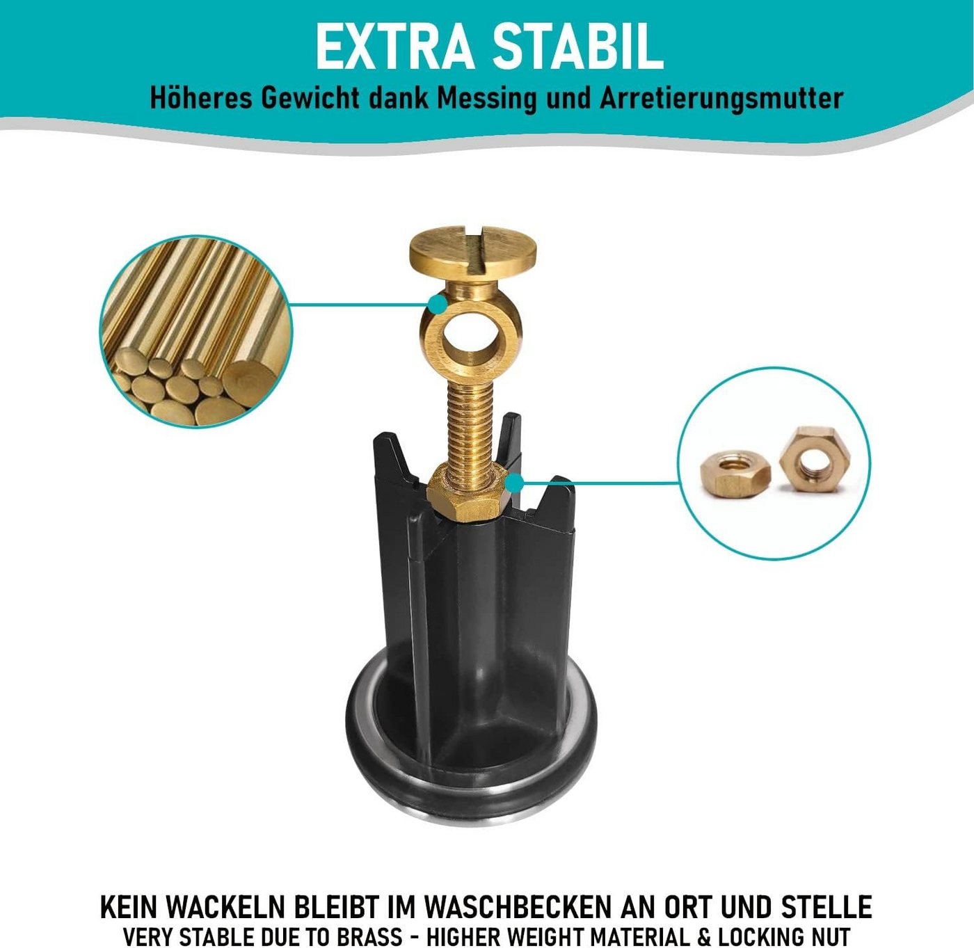 Arteneur Waschbeckenstöpsel, ⌀ 4 cm, 100% wasserdicht, extra schwerer Messingkern, hochwertig – Bild 3 von 5