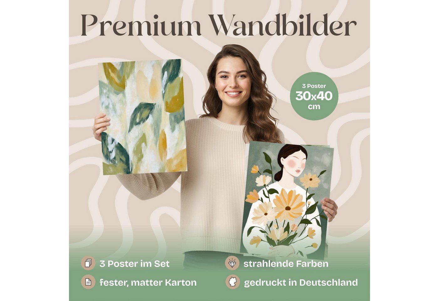 ARTFAVES Bilder-Collage Poster Set Abstract Green Elegance Trio I mehrteilige Bilderwand I Wan, (Wandbilder modern, 3 St) – Bild 3 von 5
