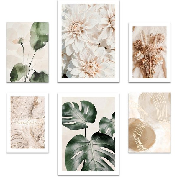 ARTFAVES Bilder-Collage Poster Set Beige Green Calmness I mehrteilige Bilderwand I Wandbilder, (Wandbilder modern, 6 St)