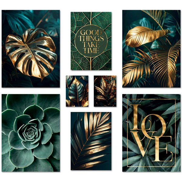 ARTFAVES Bilder-Collage Poster Set Gold Plant Harmony I mehrteilige Bilderwand I Wandbilder Pf, (Wandbilder modern, 8 St)