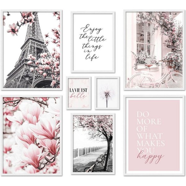 ARTFAVES Bilder-Collage Poster Set Spring In Paris I mehrteilige Bilderwand I Wandbilder Rosa, (Wandbilder modern, 8 St)