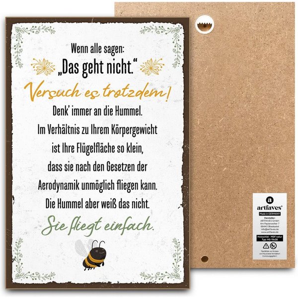 ARTFAVES Holzbild Schild mit Spruch - Hummel fliegt einfach - Glücklichsein, Motivation