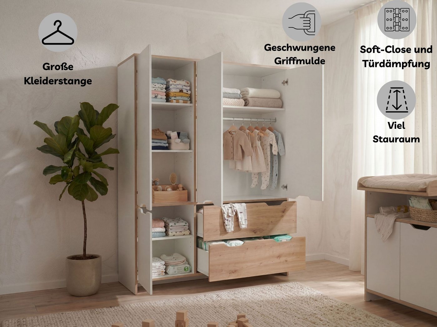 arthur berndt Babyzimmer-Komplettset Maxim, (Set, 7-tlg., Bett, Schrank, Wickelkommode, Bettkasten, Regale, Umbauseiten), komplett Babyzimmer – Bild 2 von 5