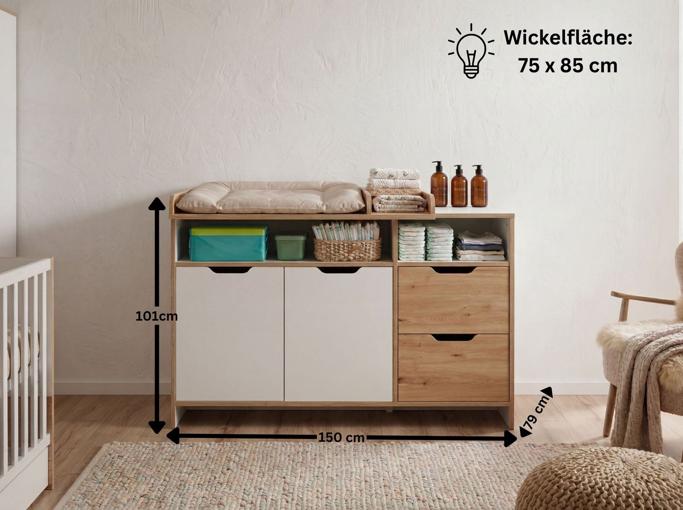 arthur berndt Babyzimmer-Komplettset Maxim, (Set, 7-tlg., Bett, Schrank, Wickelkommode, Bettkasten, Regale, Umbauseiten), komplett Babyzimmer – Bild 5 von 5