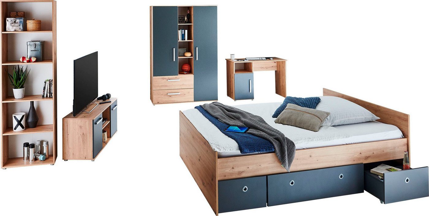 arthur berndt Jugendzimmer-Set Alessio, Anthrazit mit Artisan Eiche Dekor, viel Stauraum, (Set, 6-tlg., Kleiderschrank, Bett mit Schubkasten, Schreibtisch, Büch – Bild 2 von 5