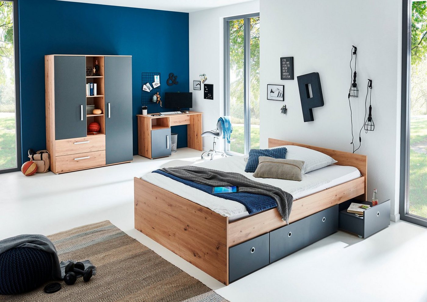 arthur berndt Jugendzimmer-Set Alessio, (Set, 4-tlg., Kleiderschrank mit Schubfächern, Regalelement, geräumiger Auszug), mit Melamin-Oberfläche – Bild 2 von 5