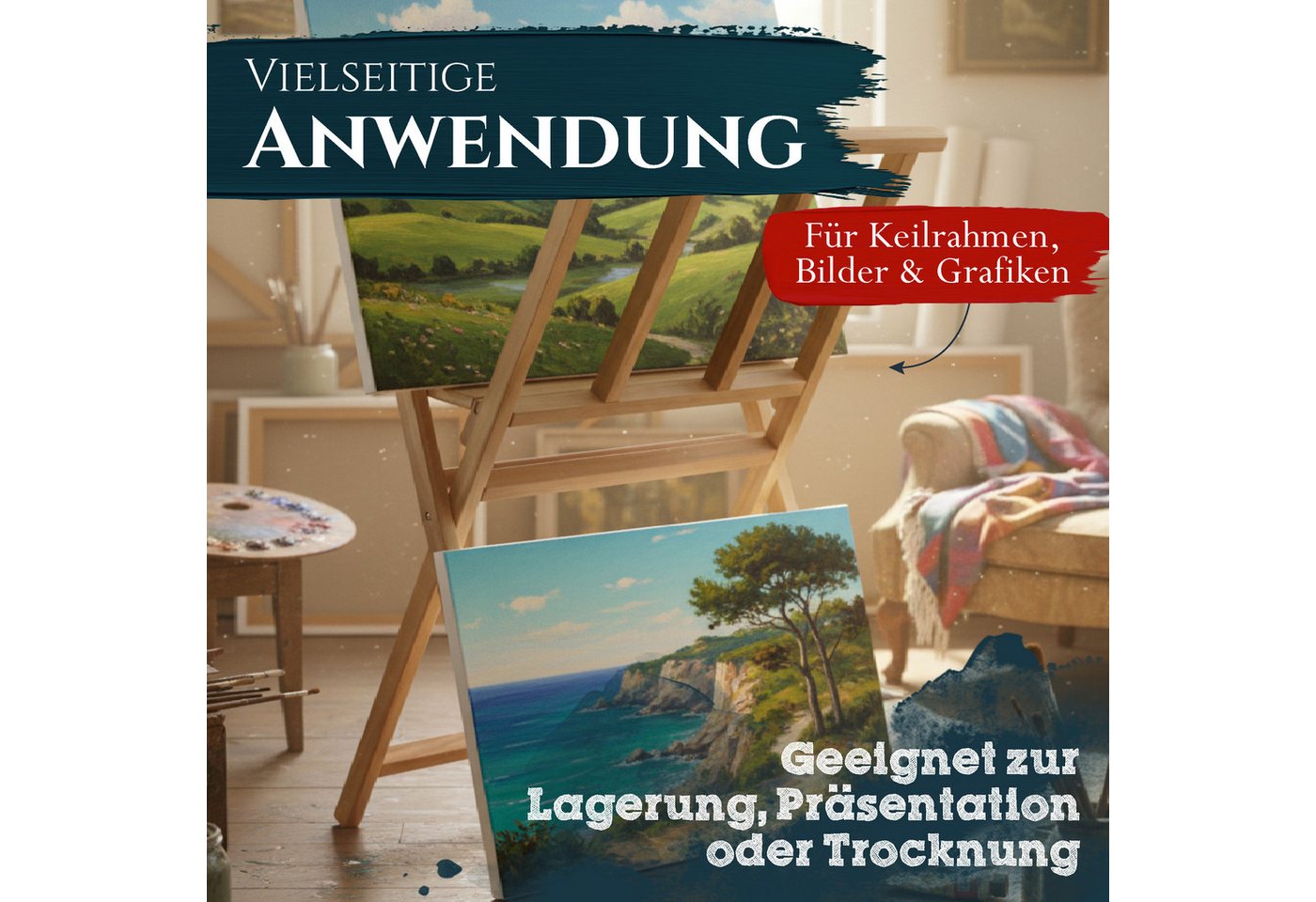 Artina Archivcontainer Bilderwippe Bilderständer aus Buchenholz klappbarer Matera, 65x48x71cm, Aufbewahrung & Präsentation von Leinwänden, Zeichnungen, Gemälden – Bild 2 von 5