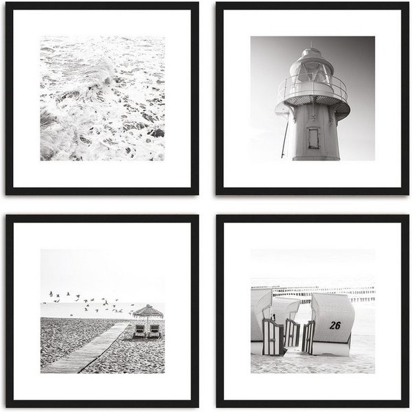 artissimo Bild mit Rahmen Bilder-Set mit Rahmen 4x 30x30 cm / Wandbilder-Set gerahmt modern, Strand und Meer: Schwarz Weiß Fotos von Strandlandschaften