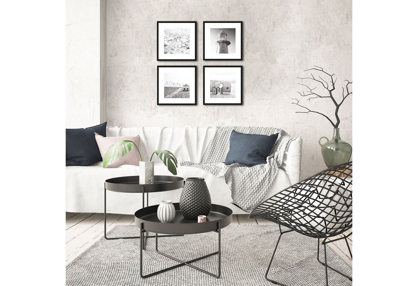 artissimo Bild mit Rahmen Bilder-Set mit Rahmen 4x 30x30 cm / Wandbilder-Set gerahmt modern, Strand und Meer: Schwarz Weiß Fotos von Strandlandschaften – Bild 2 von 5