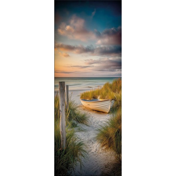 artissimo Glasbild Bild aus Glas 30x80 cm / Wandbild Hochformat / Wanddeko modern, Strand und Meer: Boot im Sonnenuntergang