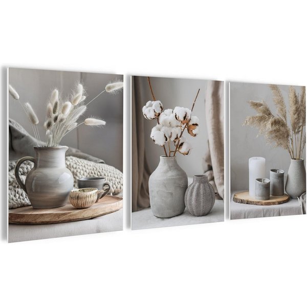 artissimo Mehrteilige Bilder Bilderset 3er-Set, Wandbilder-Set natur, Bilderwand Bilder beige weiß, moderne Stillleben: Gräser in weiß und beige