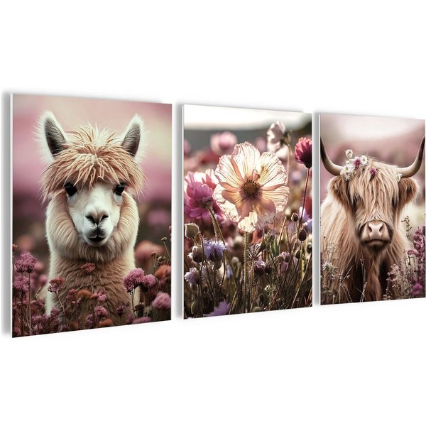 artissimo Mehrteilige Bilder Bilderset 3er-Set, Wandbilder-Set, Bilderwand Bilder, rosa beige Deko, Tiere: Alpaka und Hochlandrind
