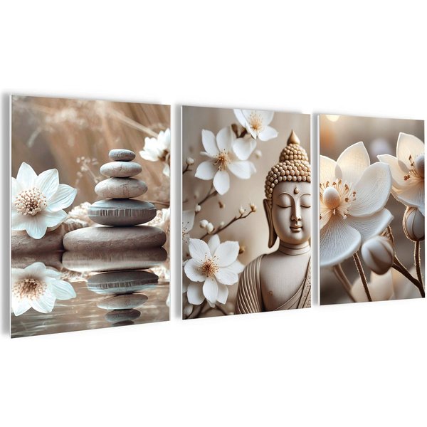 artissimo Mehrteilige Bilder Bilderset 3er-Set, Wandbilder-Set natur, Bilderwand Bilder beige weiß, Zen & Spa: Buddha