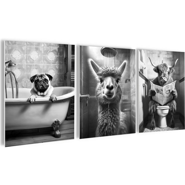 artissimo Mehrteilige Bilder Bilderset 3er-Set, Deko Bad / Badezimmer, schwarz-weiß, lustige Bilder, Badezimmerbild: Hochland Kuh / Alpaka / Mops