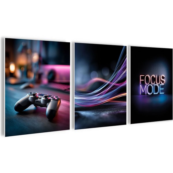 artissimo Mehrteilige Bilder Wandbilder-Set 3er-Set / Gaming Wanddeko / Jugendzimmer, Gaming: Neon Setup in blau lila schwarz