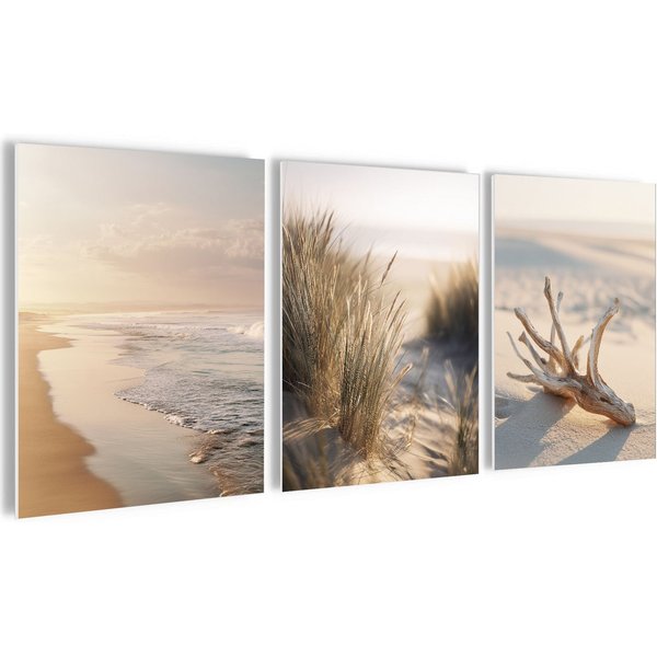 artissimo Mehrteilige Bilder Wandbilder-Set 3er-Set / maritime Wanddeko / Wohnzimmer, Strand und Meer: Dünengras und Strandlandschaft in beige