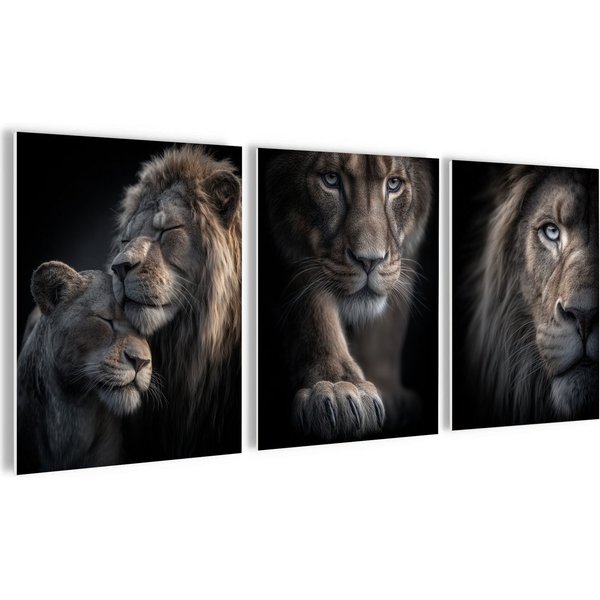 artissimo Mehrteilige Bilder Wandbilder-Set 3er-Set / moderne Wanddeko / Wohnzimmer Schlafzimmer, Tiere: Löwen-Portraits in schwarz braun