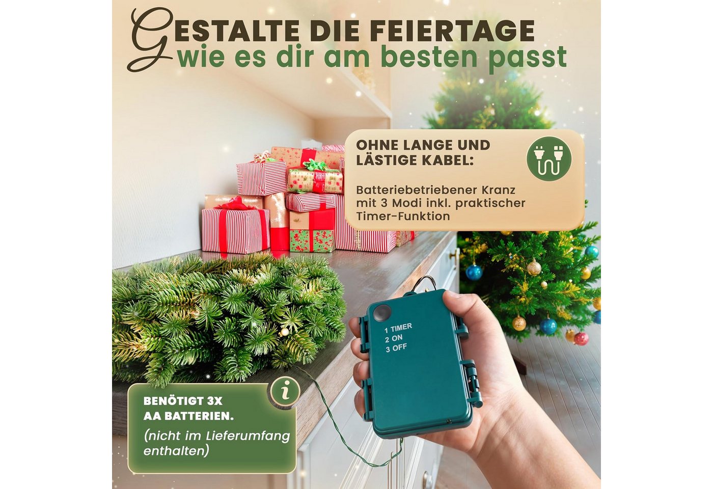Kunstkranz Türkranz, Weihnachtskranz künstlich 40-120 cm, mit/ohne LED, ArtiTree, Höhe 40 cm, 100 % PE-Spritzguss, Nordmanntanne-Optik, langlebig, wiederverwend – Bild 5 von 5