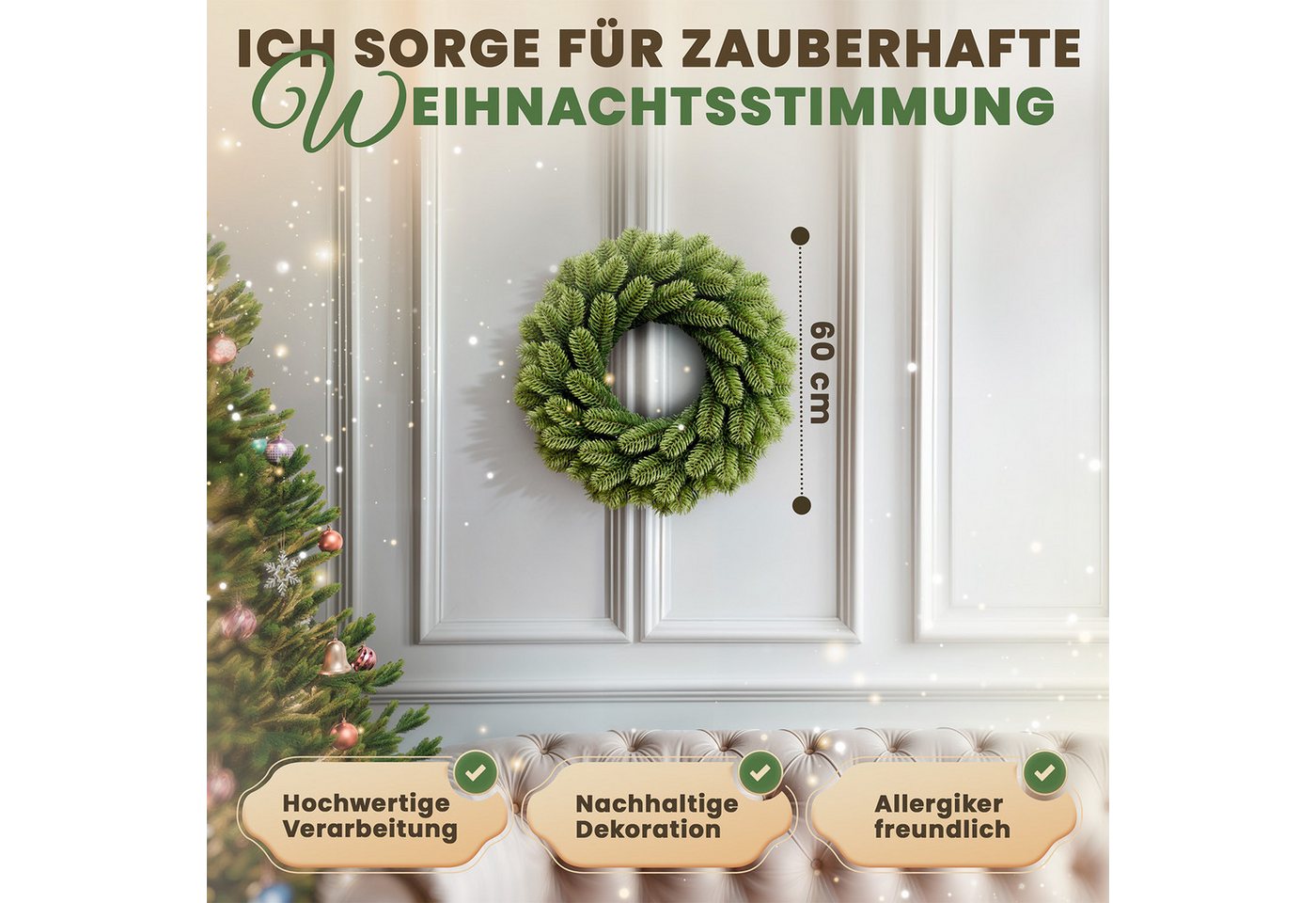 Kunstkranz Türkranz, Weihnachtskranz künstlich 40-120 cm, mit/ohne LED, ArtiTree, Höhe 40 cm, 100 % PE-Spritzguss, Nordmanntanne-Optik, langlebig, wiederverwend – Bild 3 von 5