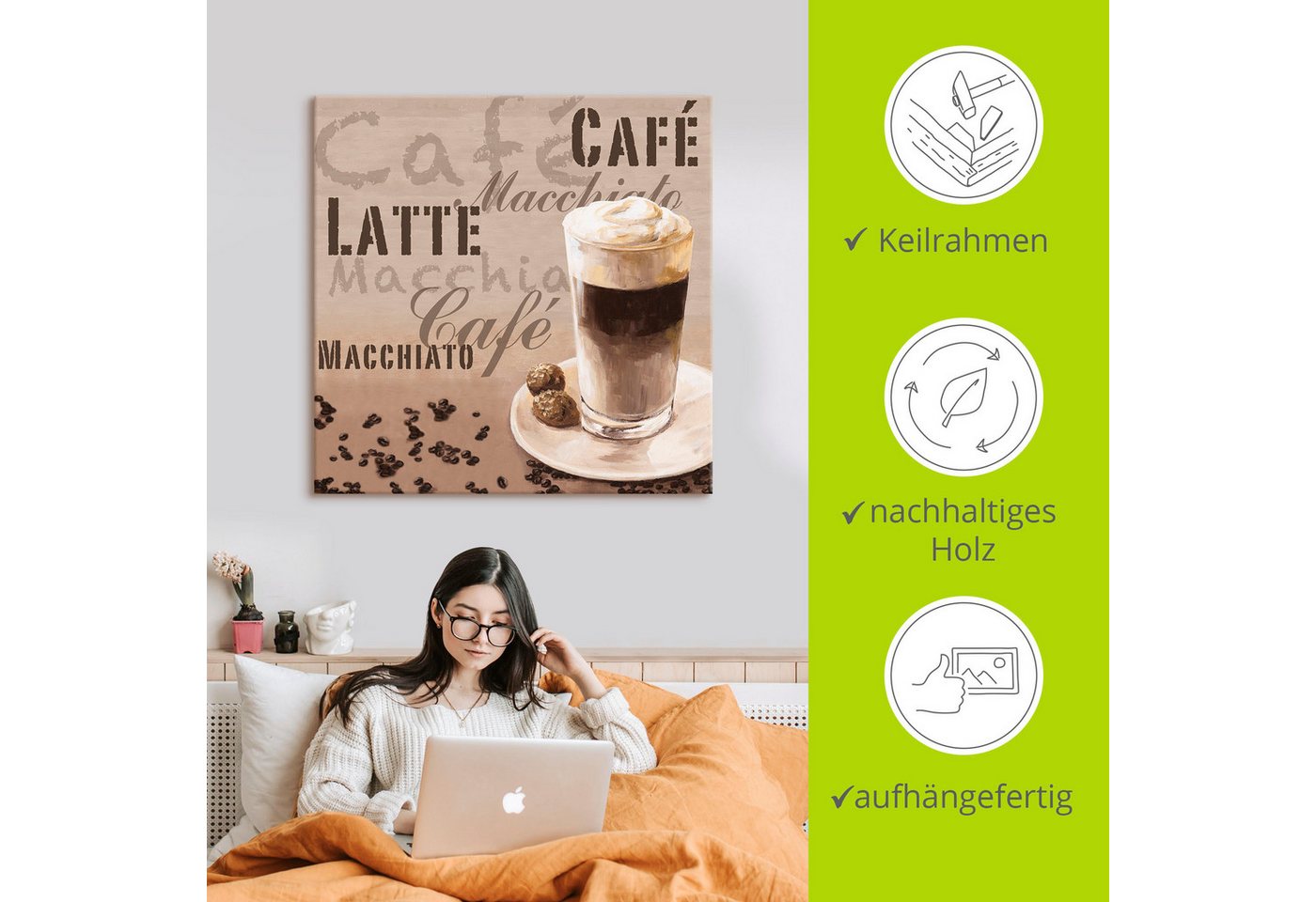 Artland Leinwandbild Kaffee - Latte Macchiato, Getränke (1 St), auf Holzrahmen gespannt – Bild 5 von 5