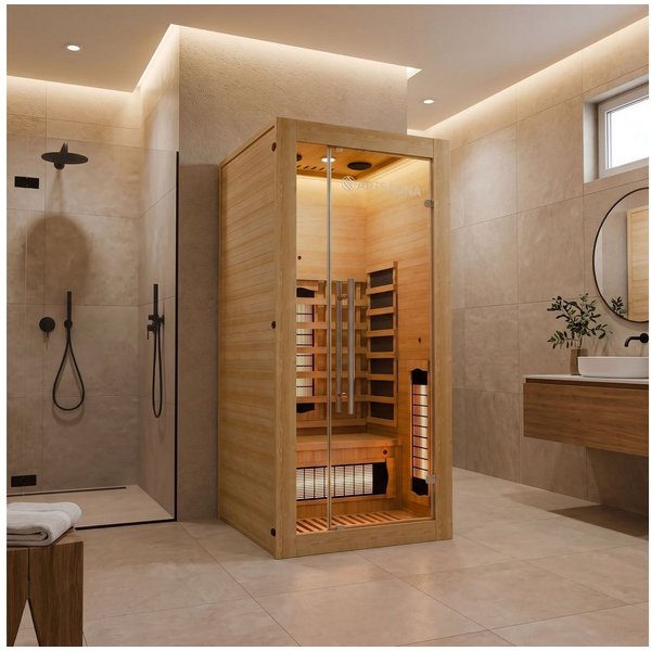 Artsauna Infrarotkabine Kiruna90 Dual Technologie, BxTxH: 90 x 90 x 190 cm, für 1 Personen, Hemlockholz, HiFi-System, Bluetooth, LED-Farblicht