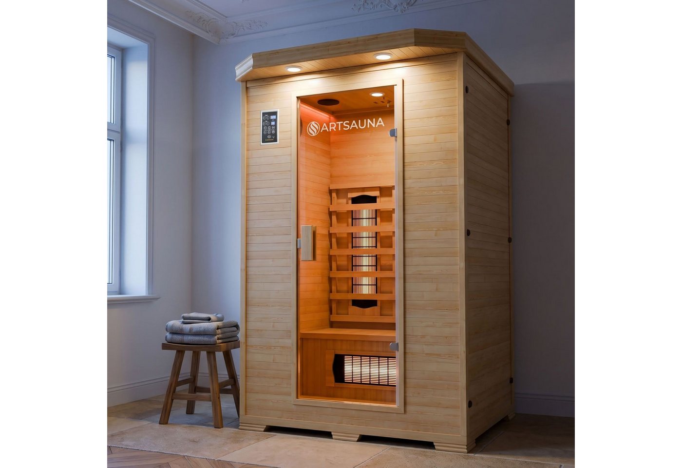 Artsauna Infrarotkabine Oslo, für 2 Personen, Hemlockholz, HiFi-System, Ionisator, LED-Farblicht – Bild 2 von 5