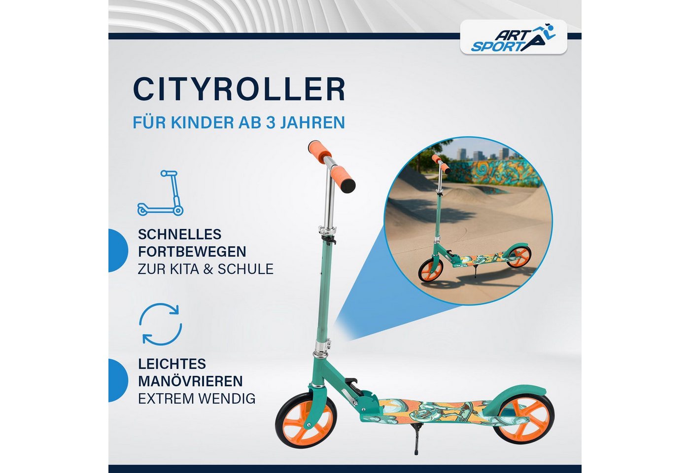 ArtSport Cityroller Dino-Mint, mit XXL Rädern, Fußständer, Hinterradreibungsbremse – Bild 2 von 5