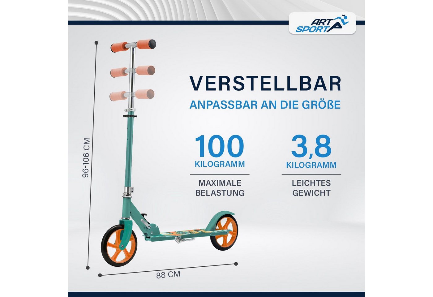 ArtSport Cityroller Dino-Mint, mit XXL Rädern, Fußständer, Hinterradreibungsbremse – Bild 3 von 5