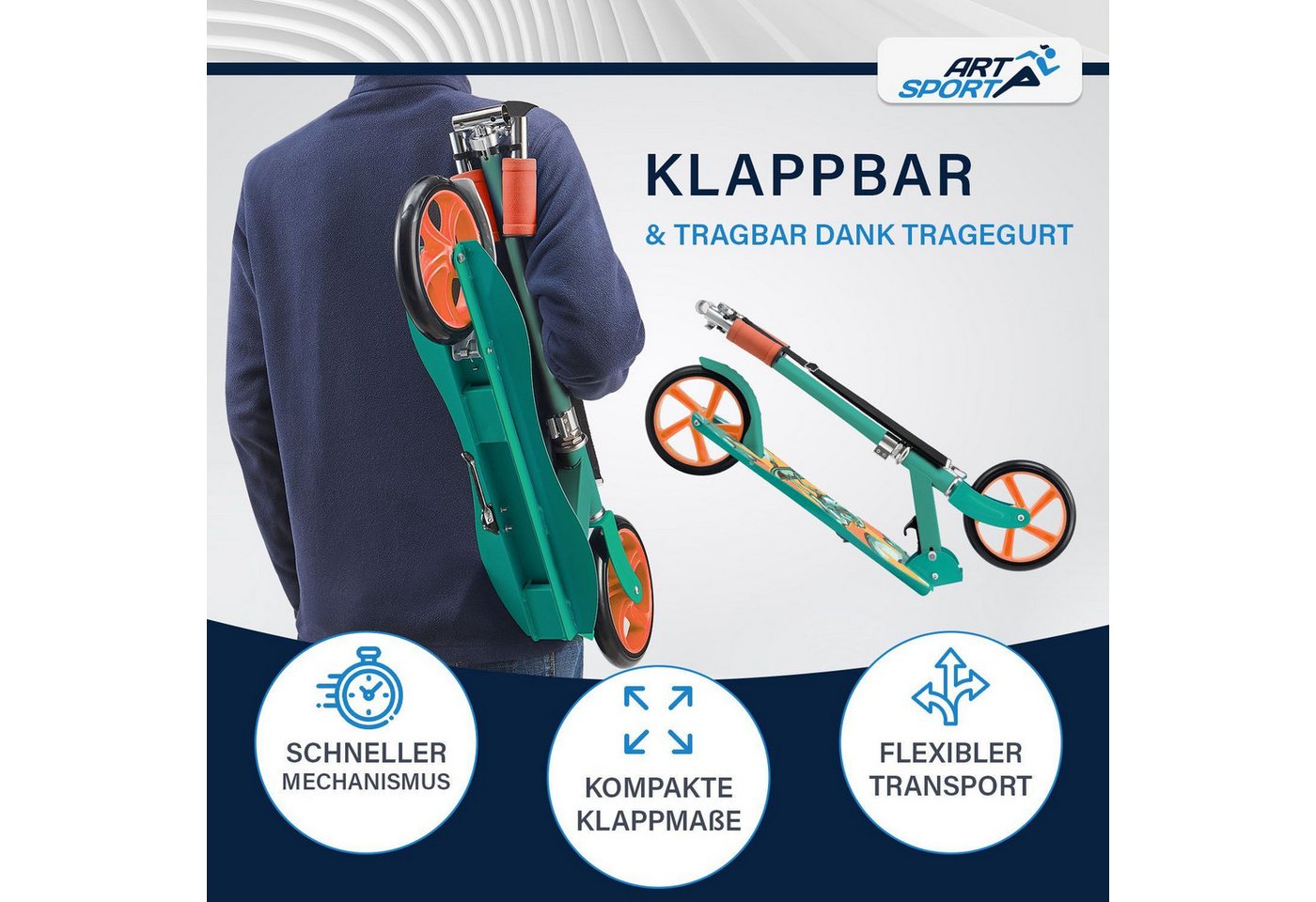 ArtSport Cityroller Dino-Mint, mit XXL Rädern, Fußständer, Hinterradreibungsbremse – Bild 5 von 5
