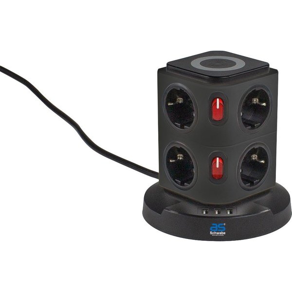 as - Schwabe Tischsteckdosen mit Induktionsladefläche, IP20 Steckdosenleiste 8-fach (Ein- / Ausschalter, USB-Anschlüsse, Schalterbeleuchtung, Schutzkontaktsteck