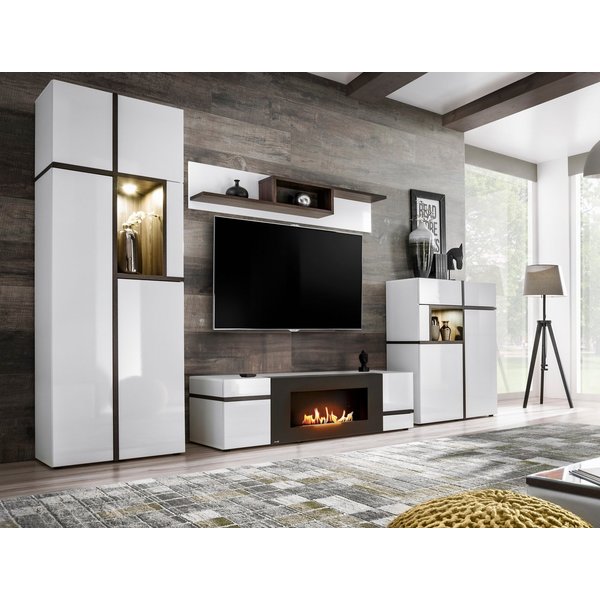 ASM-Moebel Wohnwand Wohnwand CROSS CS-K Hochglanz / Lamellen Ethanol Kamin Led Push-Click, Mit Bio-Ethanol Kamin, Led Beleuchtung und Push-Click System.