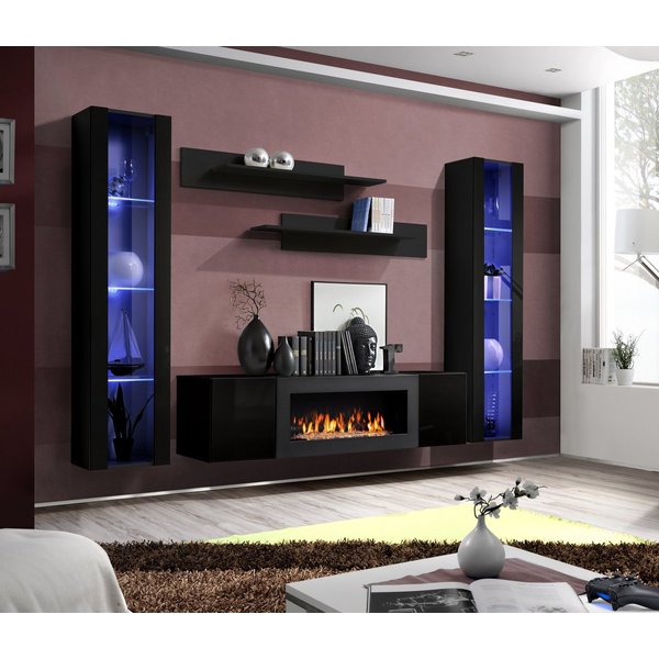 ASM-Moebel Wohnwand Wohnwand FLY M2 Hochglanz Push-Click mit Bio-Ethanol Kamin und Led, Bio-Ethanol Kamin, Led Beleuchtung, Push-Click und Hochglanzfronten