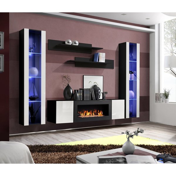 ASM-Moebel Wohnwand Wohnwand FLY M2 Hochglanz Push-Click mit Bio-Ethanol Kamin und Led, Bio-Ethanol Kamin, Led Beleuchtung, Push-Click und Hochglanzfronten