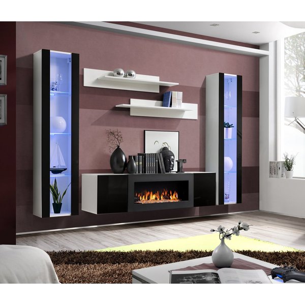 ASM-Moebel Wohnwand Wohnwand FLY M2 Hochglanz Push-Click mit Bio-Ethanol Kamin und Led, Bio-Ethanol Kamin, Led Beleuchtung, Push-Click und Hochglanzfronten