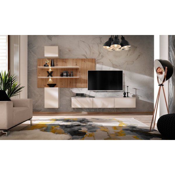ASM-Moebel Wohnwand Wohnzimmer Schrankwand GUSTO PW B mit Led B. Push - Click, Mit Led Beleuchtung, Push-Click System und Lamellen Optik