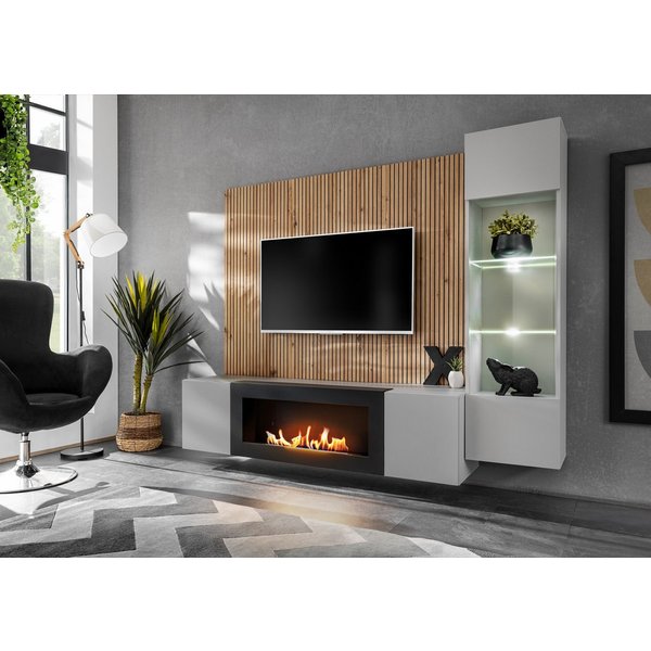 ASM-Moebel Wohnwand Wohnwand XARI PGAS-K mit Led Push - Click und Bio-Ethanol Kamin, Mit Bio-Ethanol Kamin Led Beleuchtung und Push-Click System