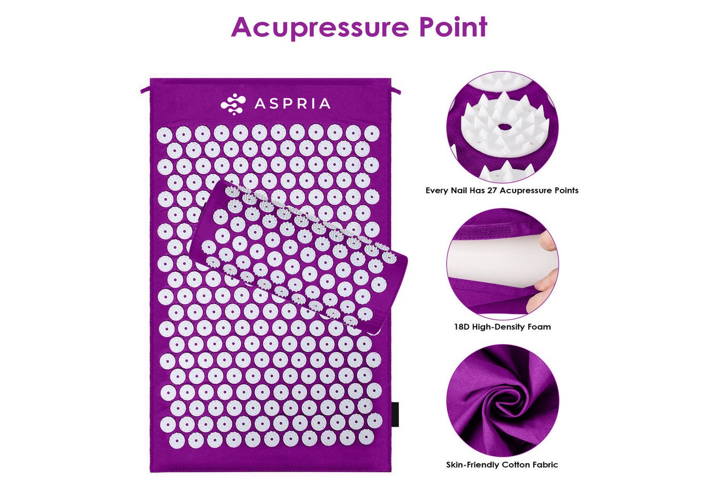 ASPRIA Yogamatte Akupressur-Set, Akupressurmatte & Akupressurkiss zur Entspannung, Whigre Akupressur-Set – Bild 3 von 3
