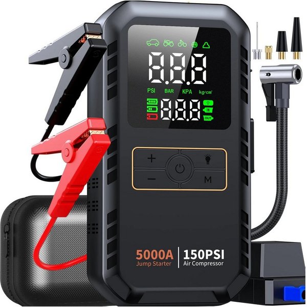 Athlix 4-in-1 Auto-Starthilfe mit Luftkompressor 5000A Auto-Batterie-Booster Starthilfegerät, 150 PSI Luftpumpe, 12.000 mAh Akku, LED Display