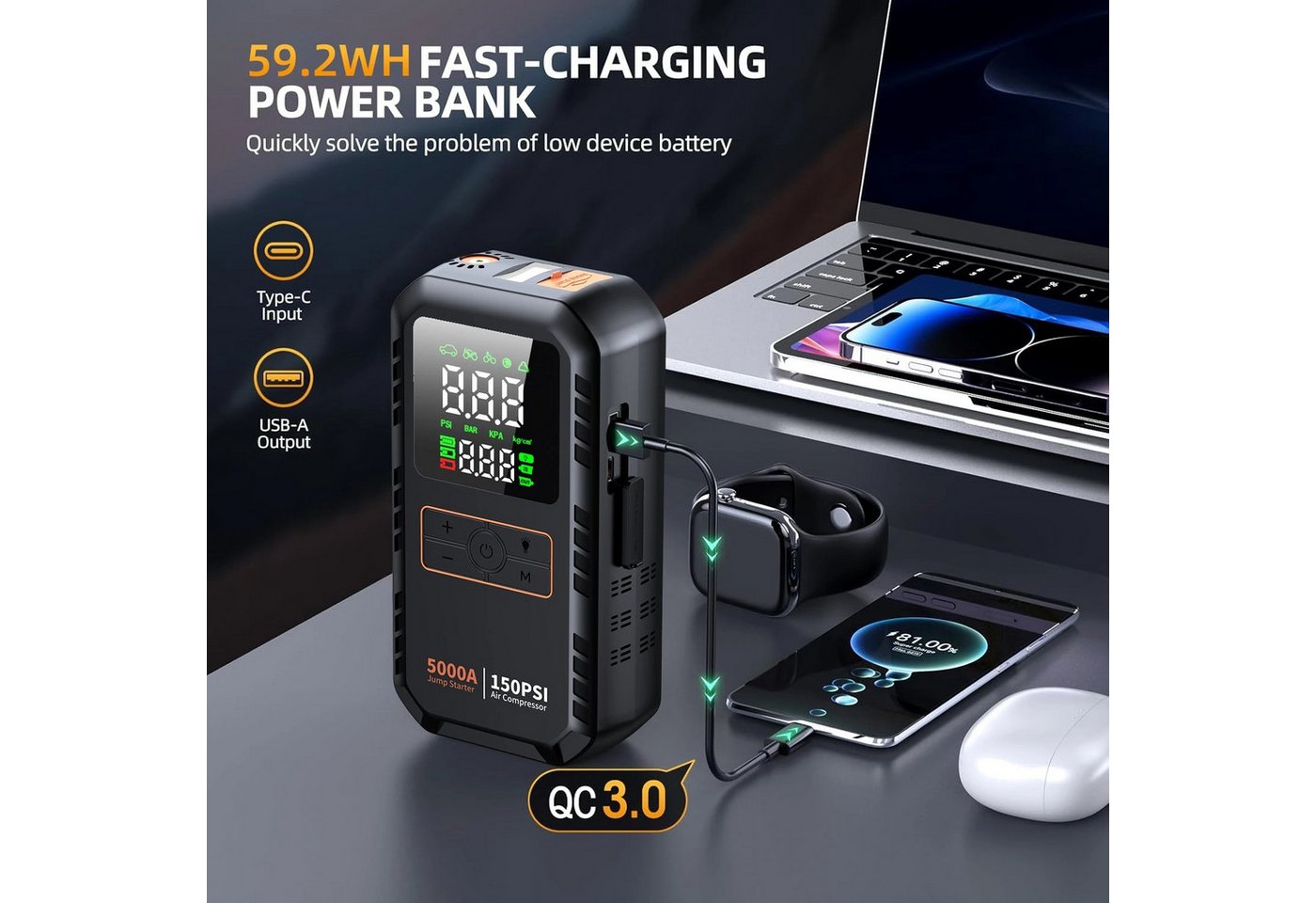 Athlix 4-in-1 Auto-Starthilfe mit Luftkompressor 5000A Auto-Batterie-Booster Starthilfegerät, 150 PSI Luftpumpe, 12.000 mAh Akku, LED Display – Bild 5 von 5