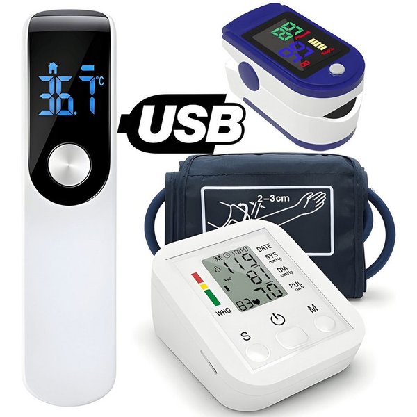 Athlix Blutdruckmessgerät 3 in 1 Blutdruckmessgerät Set, Pulsoximeter, Infrarot-Thermometer, 3er Set: Blutdruckmessgerät, Stirnthermometer, Pulsoximeter